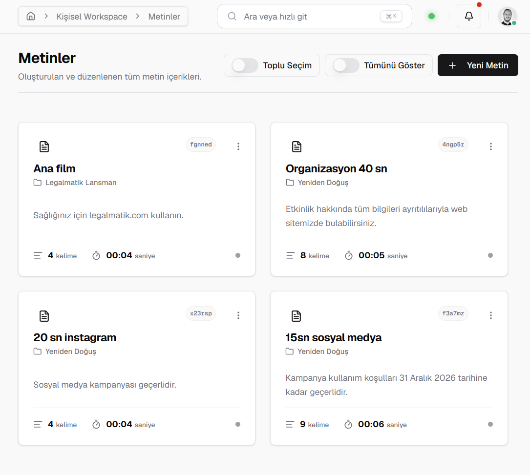Legal Metin Ekle ve Yönet